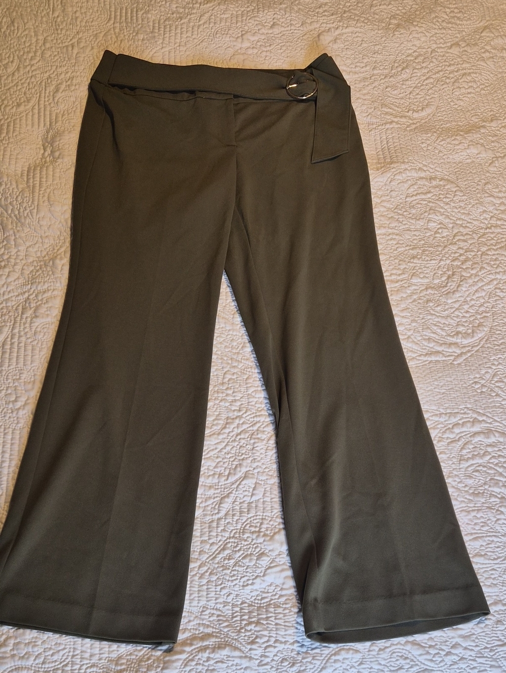 Anne Klein Olive Green Wide-Leg Ponte Pants with Ring Belt